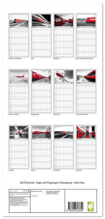 Produktbild: Familienplaner 2026 - BLITZschnell - Z&uuml;ge und Flugzeuge in Bewegung - Color-Key mit 5 Spalten (Wandkalender, 21 x 45 cm) CALVENDO