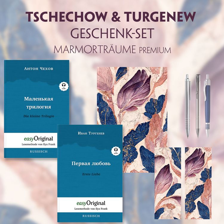 Produktbild: Tschechow & Turgenew Geschenkset - 2 B&uuml;cher (Softcover mit Audio-Online) + Marmortr&auml;ume Schreibset Premium