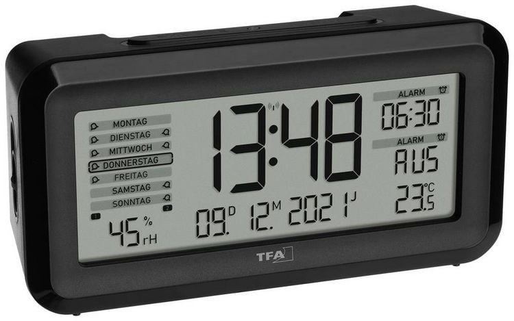 Produktbild: TFA Dostmann 60.2562.01 Funk Wecker Schwarz, Silber Alarmzeiten 2 Gro&szlig;es Display