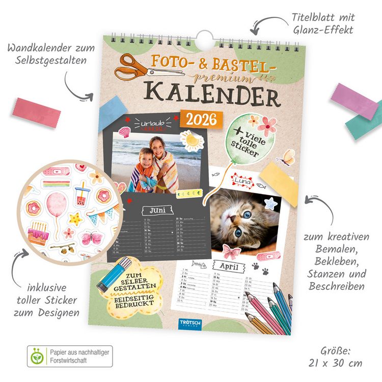 Produktbild: Trötsch Foto- und Bastelkalender Premium A4 2026 mit vielen Stickern