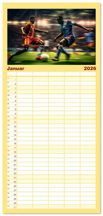 Produktbild: Familienplaner 2026 - Fu&szlig;ball - Dynamik am Ball mit 5 Spalten (Wandkalender, 21 x 45 cm) CALVENDO