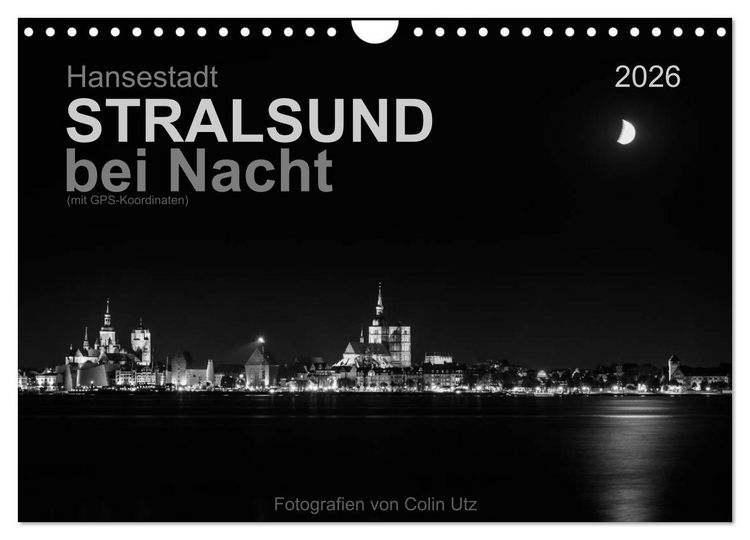 Produktbild: Hansestadt Stralsund bei Nacht (mit GPS-Koordinaten) (Wandkalender 2026 DIN A4 quer), CALVENDO Monatskalender