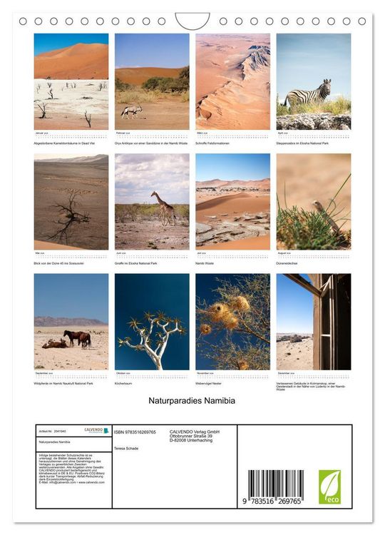 Produktbild: Naturparadies Namibia (Wandkalender 2026 DIN A4 hoch), CALVENDO Monatskalender