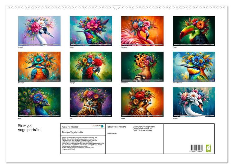 Produktbild: Blumige Vogelportr&auml;ts (Wandkalender 2026 DIN A2 quer), CALVENDO Monatskalender