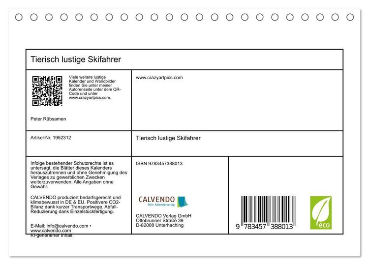 Produktbild: Tierisch lustige Skifahrer (Tischkalender 2026 DIN A5 quer), CALVENDO Monatskalender