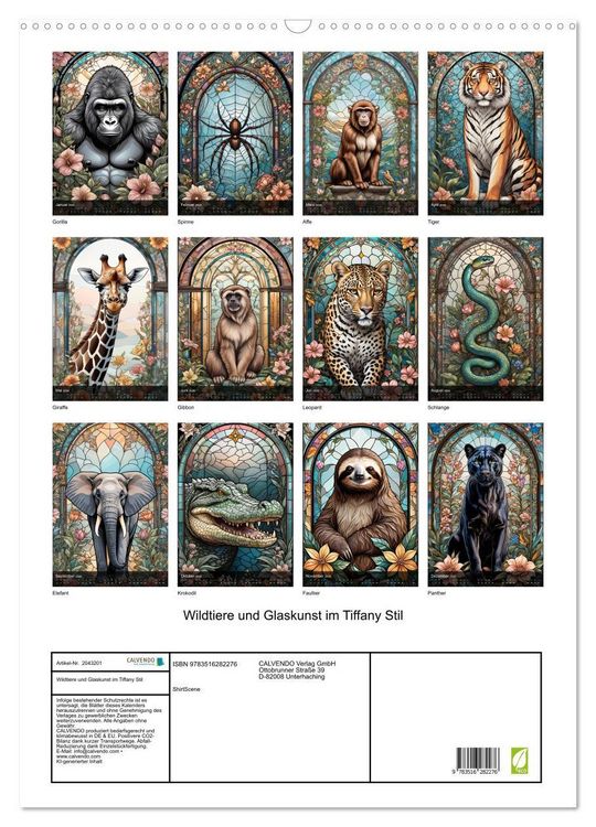 Produktbild: Wildtiere und Glaskunst im Tiffany Stil (Wandkalender 2026 DIN A2 hoch), CALVENDO Monatskalender