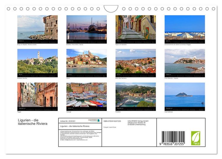 Produktbild: Ligurien - die italienische Riviera (Wandkalender 2026 DIN A4 quer), CALVENDO Monatskalender