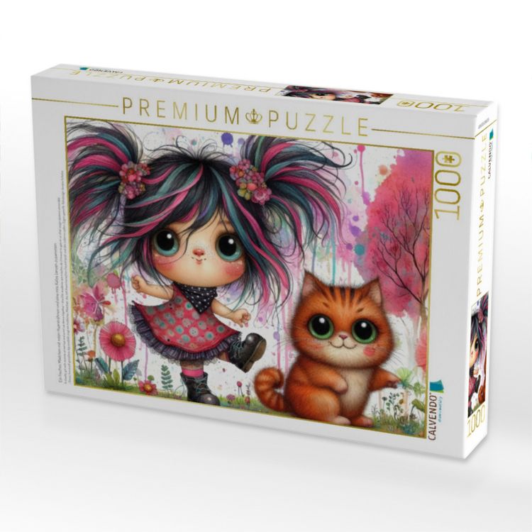Produktbild: CALVENDO Puzzle Ein freches M&auml;dchen mit roten Haarstr&auml;hnen und eine rote Katze tanzen zusammen | 1000 Teile Lege-Gr&ouml;&szlig;e 64x48cm Foto-Puzzle f&uuml;r gl&uuml;ckli