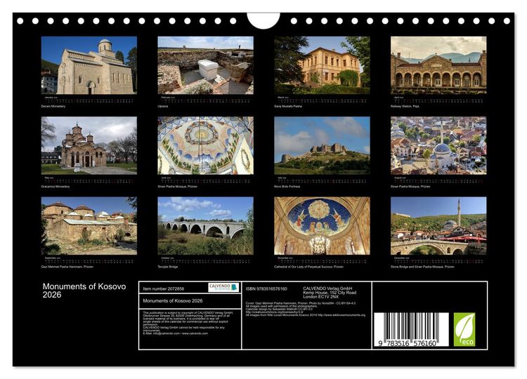 Produktbild: Monuments of Kosovo 2026 (Wall Calendar 2026 DIN A4 landscape), CALVENDO 12 Month Wall Calendar