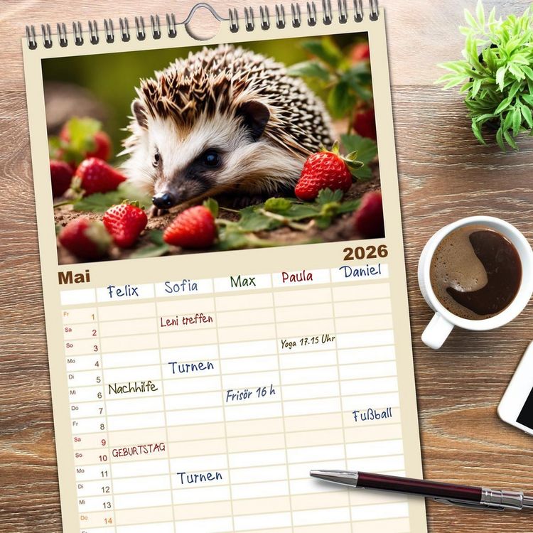 Produktbild: Familienplaner 2026 - Igel - Wildtier des Jahres 2024 mit 5 Spalten (Wandkalender, 21 x 45 cm) CALVENDO