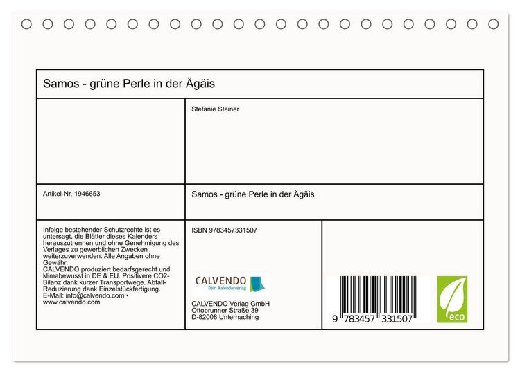 Produktbild: Samos - gr&uuml;ne Perle in der &Auml;g&auml;is (Tischkalender 2026 DIN A5 quer), CALVENDO Monatskalender
