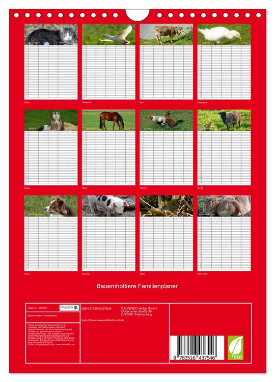 Produktbild: Bauernhoftiere Familienplaner (Wandkalender 2026 DIN A4 hoch), CALVENDO Monatskalender