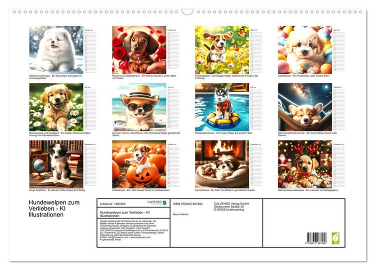 Produktbild: Hundewelpen zum Verlieben - KI Illustrationen (Wandkalender 2026 DIN A2 quer), CALVENDO Monatskalender
