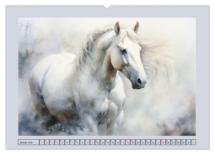 Produktbild: Anmutige Schimmel. &Auml;sthetik wei&szlig;er Aquarell-Pferde (hochwertiger Premium Wandkalender 2026 DIN A2 quer), Kunstdruck in Hochglanz