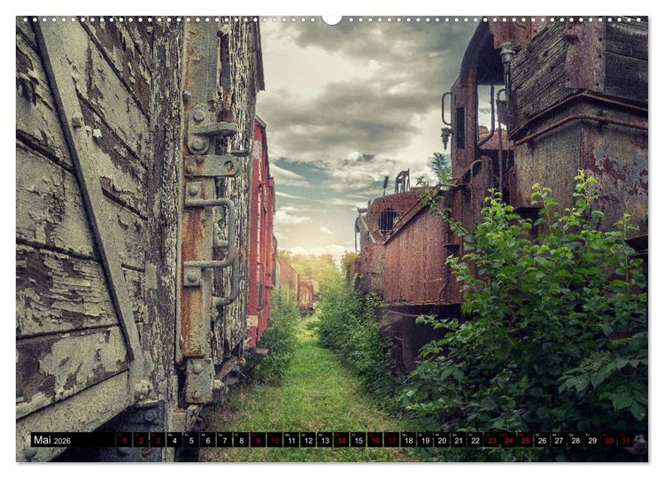 Produktbild: Lokomotiven und Wagen - Verfallen und vergessen auf dem Abstellgleis (Wandkalender 2026 DIN A2 quer), CALVENDO Monatskalender