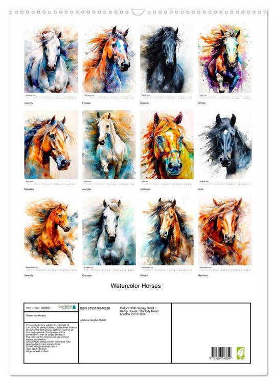 Produktbild: Watercolor Horses (Wall Calendar 2026 DIN A2 portrait), CALVENDO 12 Month Wall Calendar