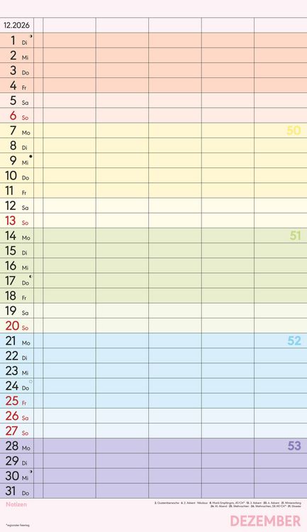 Produktbild: Superplaner Farbenfroh 2026 - 5 Spalten - Familienkalender 26x45 cm - Offset-Papier - mit Ferienterminen - Wandkalender - Wandplaner