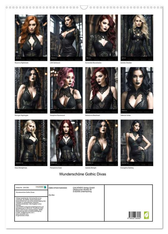 Produktbild: Wundersch&ouml;ne Gothic Divas (Wandkalender 2026 DIN A2 hoch), CALVENDO Monatskalender