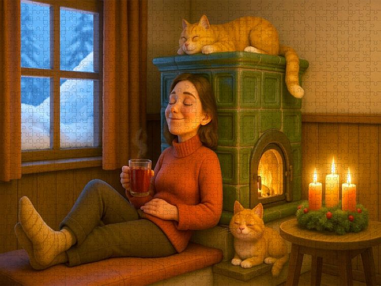 Produktbild: CALVENDO Puzzle Der geliebte Kachelofen mit Katzen im Winter | 1000 Teile Lege-Gr&ouml;&szlig;e 64x48cm Foto-Puzzle f&uuml;r gl&uuml;ckliche Stunden