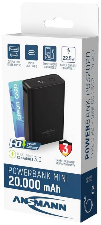 Produktbild: Ansmann 20000 mAh PB222PD sw Powerbank 20Ah USB PD 3.0, Quick Charge 2.0 LiPo Schwarz mit Laderegler, gleichzeitiges Laden und