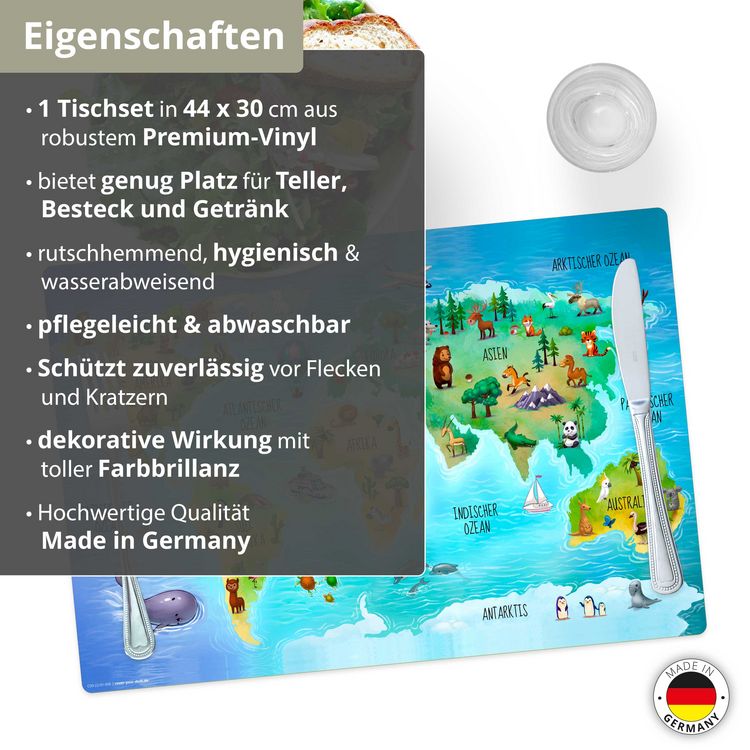 Produktbild: Tischsetmacher Tischset f&uuml;r Kinder Weltkarte in deutsch mit vielen Tieren, aus hochwertigem Vinyl , 44 x 30 cm