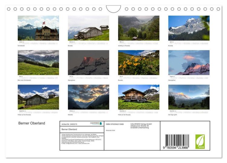 Produktbild: Berner Oberland (Wandkalender 2027 DIN A4 quer), CALVENDO Monatskalender