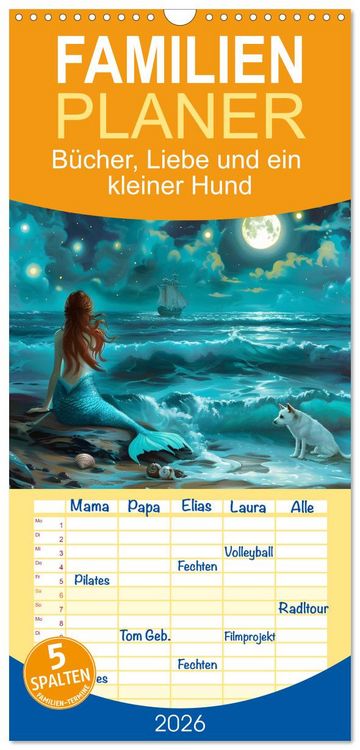 Produktbild: Familienplaner 2026 - B&uuml;cher, Liebe und ein kleiner Hund mit 5 Spalten (Wandkalender, 21 x 45 cm) CALVENDO