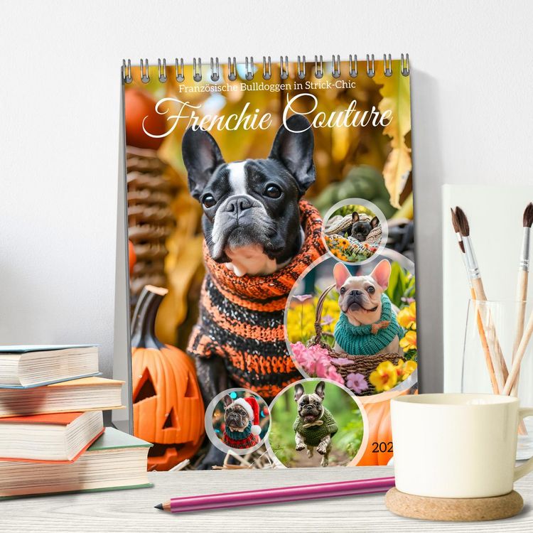 Produktbild: Frenchie Couture - Franz&ouml;sische Bulldoggen in Strick-Chic (Tischkalender 2026 DIN A5 hoch), CALVENDO Monatskalender