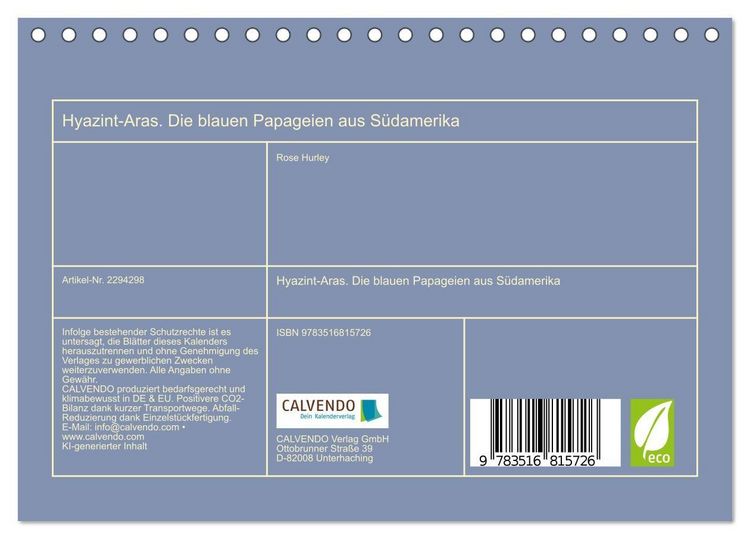 Produktbild: Hyazint-Aras. Die blauen Papageien aus S&uuml;damerika (Tischkalender 2027 DIN A5 quer), CALVENDO Monatskalender