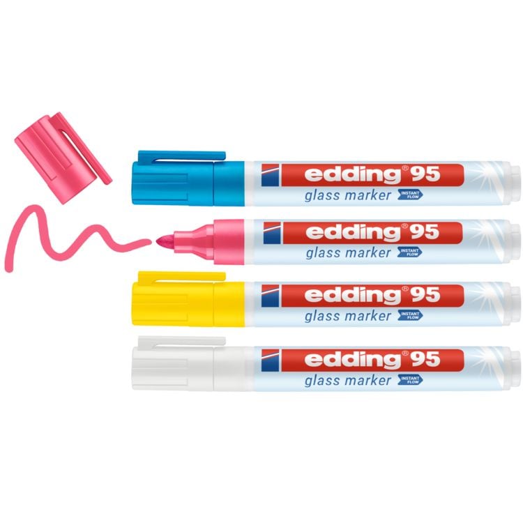 Produktbild: EDDING&reg; Glasboard Marker 95, 4er Etui (weiss, gelb, rosa, hellblau) Kartonetui