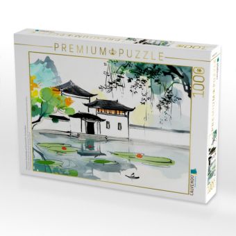 Produktbild: CALVENDO Puzzle Chinesische Tempelanlage am Seerosenteich. Tuschemalerei | 1000 Teile Lege-Gr&ouml;&szlig;e 64x48cm Foto-Puzzle f&uuml;r gl&uuml;ckliche Stunden