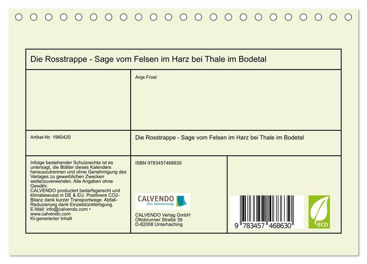 Produktbild: Die Rosstrappe - Sage vom Felsen im Harz bei Thale im Bodetal (Tischkalender 2026 DIN A5 quer), CALVENDO Monatskalender