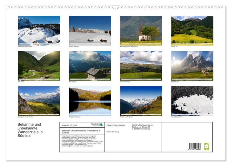 Produktbild: Bekannte und unbekannte Wanderziele in S&uuml;dtirol (Wandkalender 2026 DIN A2 quer), CALVENDO Monatskalender