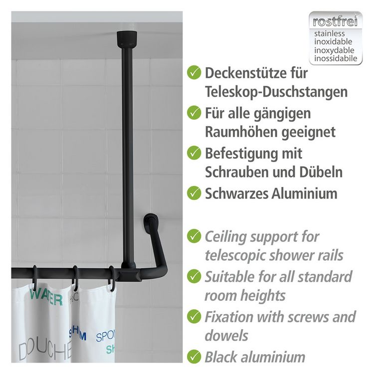 Produktbild: Deckenst&uuml;tze f&uuml;r Duschstangen Schwarz, 57 cm, f&uuml;r Stangen mit &Oslash; 2 / 2,5 cm