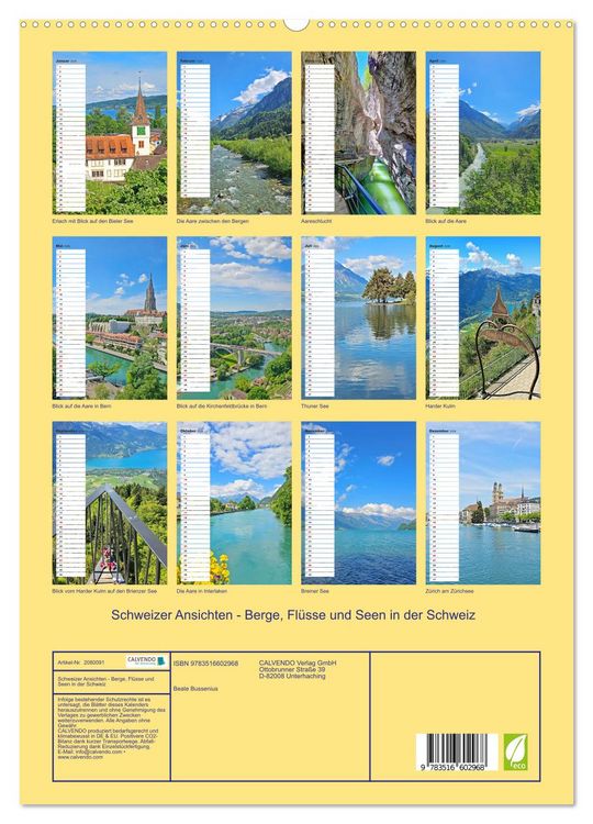 Produktbild: Schweizer Ansichten - Berge, Fl&uuml;sse und Seen in der Schweiz (hochwertiger Premium Wandkalender 2026 DIN A2 hoch), Kunstdruck in Hochglanz