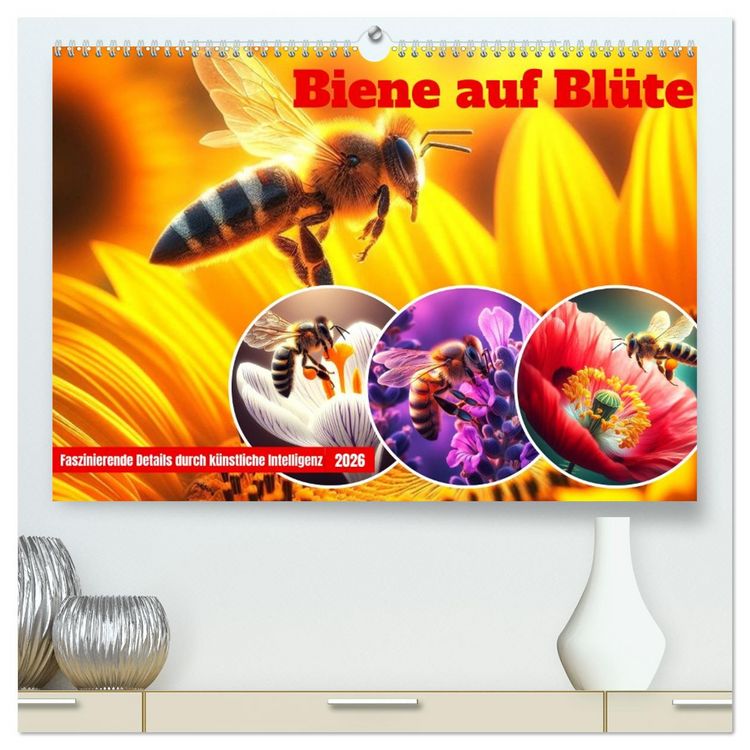 Produktbild: Biene auf Bl&uuml;te - Faszinierende Details durch k&uuml;nstliche Intelligenz (hochwertiger Premium Wandkalender 2026 DIN A2 quer), Kunstdruck in Hochglanz