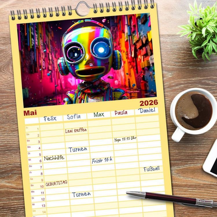 Produktbild: Familienplaner 2026 - Die Welt der kleinen Robots mit 5 Spalten (Wandkalender, 21 x 45 cm) CALVENDO