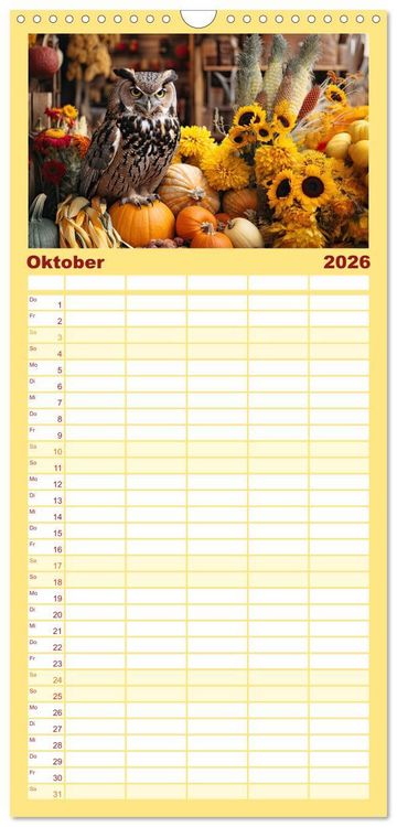 Produktbild: Familienplaner 2026 - Stillleben mit Eule mit 5 Spalten (Wandkalender, 21 x 45 cm) CALVENDO