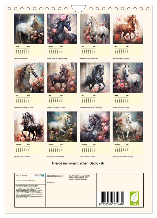 Produktbild: Pferde im romantischen Barockstil (Wandkalender 2026 DIN A4 hoch), CALVENDO Monatskalender