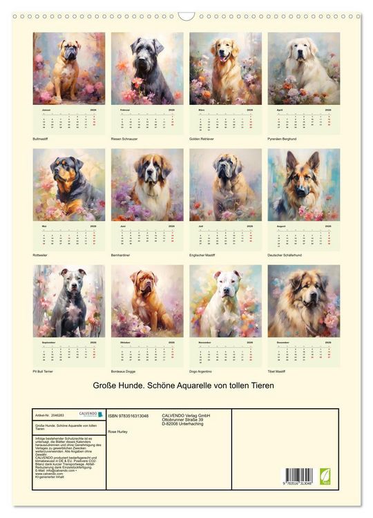 Produktbild: Gro&szlig;e Hunde. Sch&ouml;ne Aquarelle von tollen Tieren (Wandkalender 2026 DIN A2 hoch), CALVENDO Monatskalender