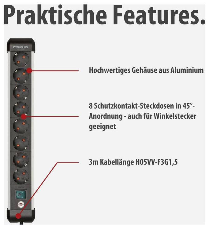 Produktbild: Brennenstuhl 1391030800 Steckdosenleiste mit Schalter Silber, Schwarz Schutzkontakt 1 St.