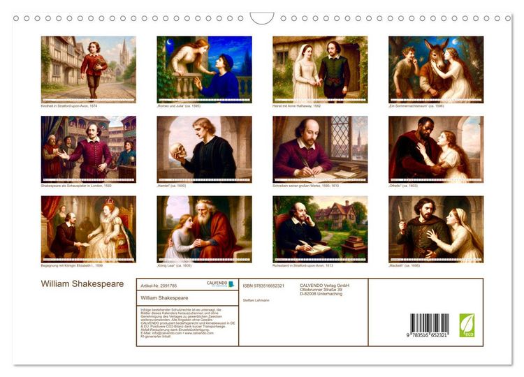 Produktbild: William Shakespeare (Wandkalender 2026 DIN A3 quer), CALVENDO Monatskalender