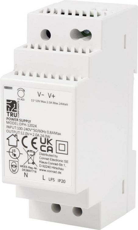 Produktbild: TRU COMPONENTS TC-10580808 Hutschienen-Netzteil (DIN-Rail) 12 V/DC 2 A 24 W Anzahl Ausg&auml;nge:1 x Inhalt 1 St.