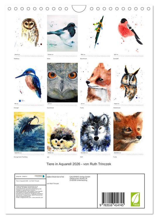 Produktbild: Tiere in Aquarell 2026 - von Ruth Trinczek (Wandkalender 2026 DIN A4 hoch), CALVENDO Monatskalender
