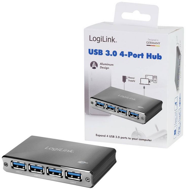 Produktbild: LogiLink UA0282 USB-Hub 4 Port USB-A USB 3.0 5 GBit/s mit Aluminiumgeh&auml;use, mit Status-LEDs Spacegrau UA0282