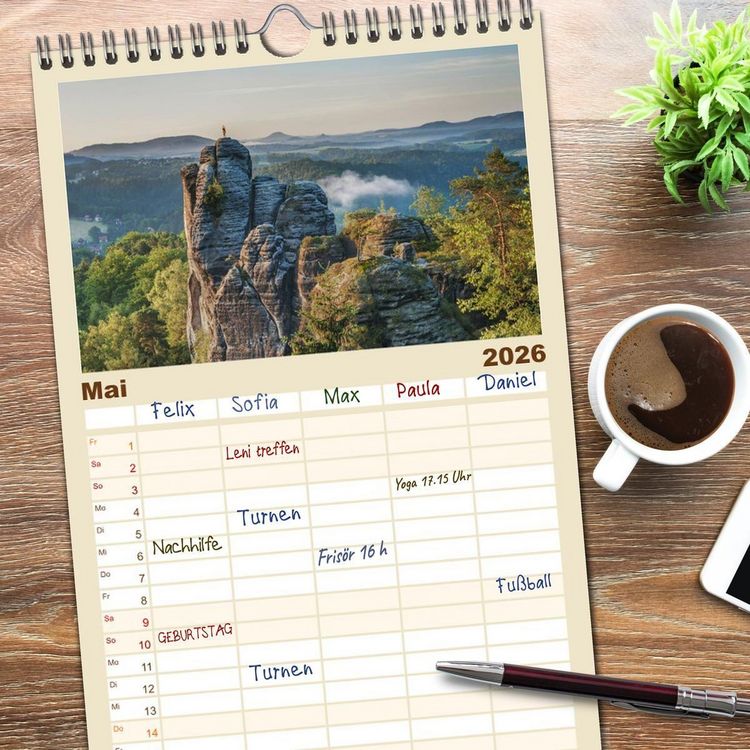 Produktbild: Familienplaner 2026 - S&auml;chsische Schweiz / Geburtstagsplaner mit 5 Spalten (Wandkalender, 21 x 45 cm) CALVENDO