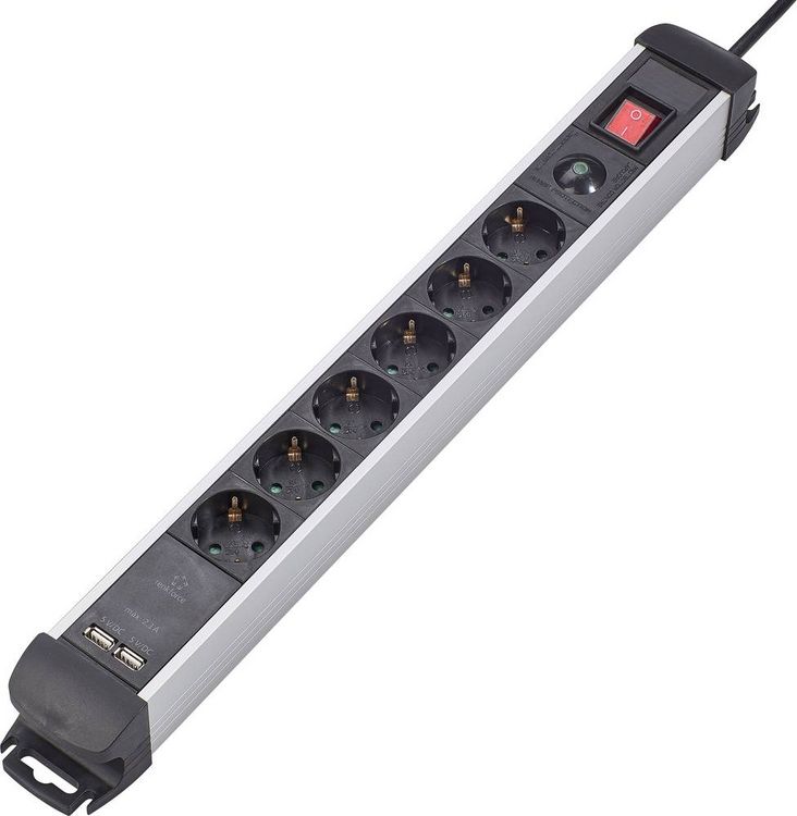 Produktbild: Renkforce 815A-CMB-SUSB Steckdosenleiste mit Schalter 6fach Schwarz, Silber Schutzkontakt 1St.