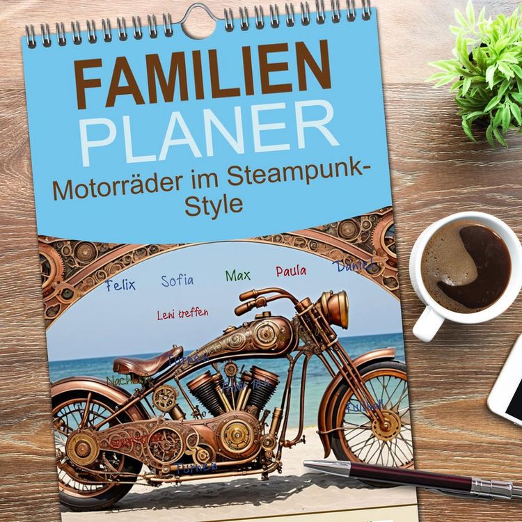 Produktbild: Familienplaner 2026 - Motorr&auml;der im Steampunk-Style mit 5 Spalten (Wandkalender, 21 x 45 cm) CALVENDO