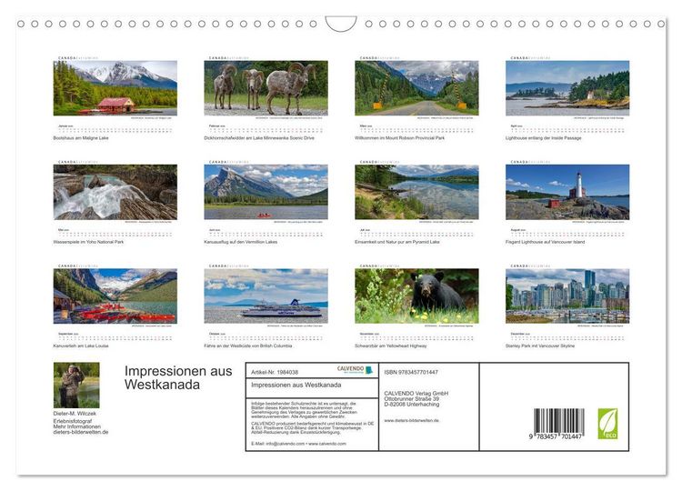Produktbild: Impressionen aus Westkanada (Wandkalender 2026 DIN A3 quer), CALVENDO Monatskalender