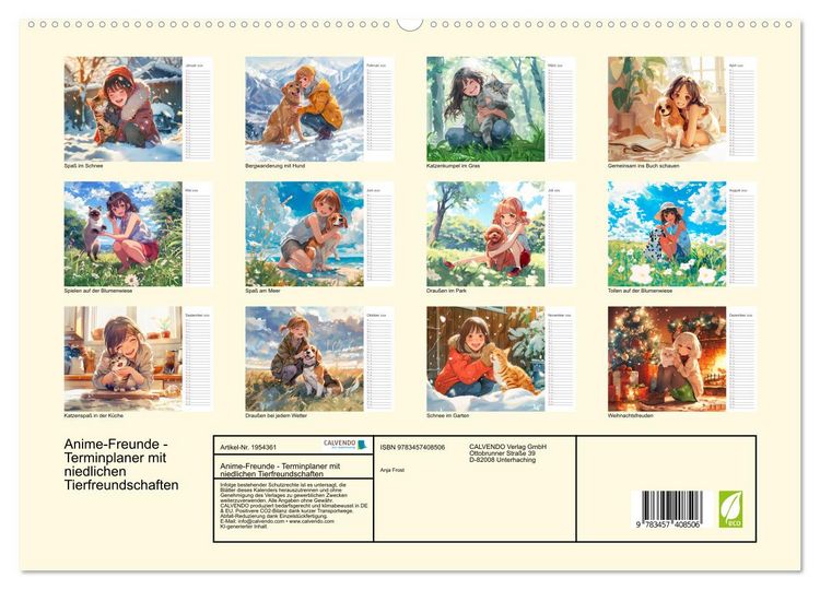 Produktbild: Anime-Freunde - Terminplaner mit niedlichen Tierfreundschaften (hochwertiger Premium Wandkalender 2026 DIN A2 quer), Kunstdruck in Hochglanz